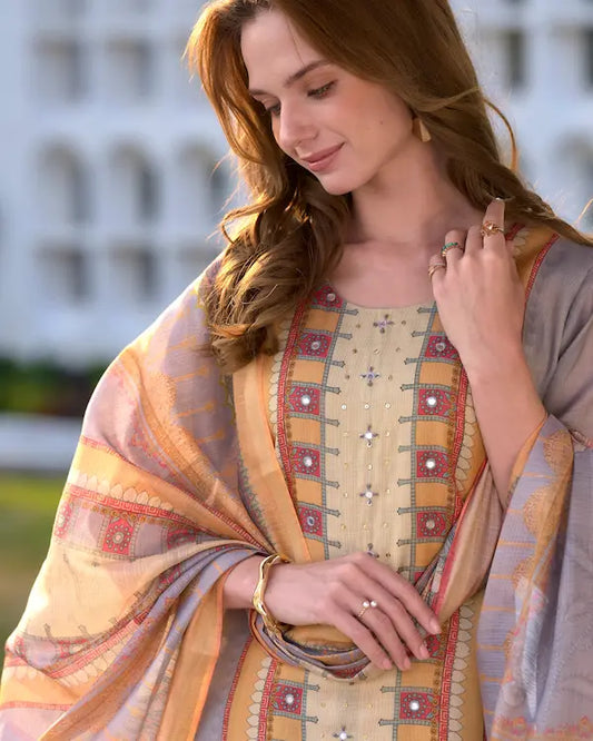 Golden Mirage Grey Embroidered Kurti Set with Dupatta | Silk Blend Fabric