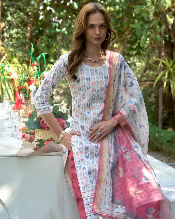 Rose Rhythm White Cotton Kurti Set with Dupatta | Roman Fabric