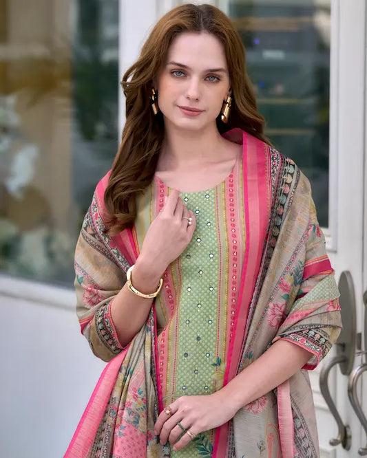 Mint Melody Green Embroidered Kurti Set with Dupatta | Silk Blend Fabric