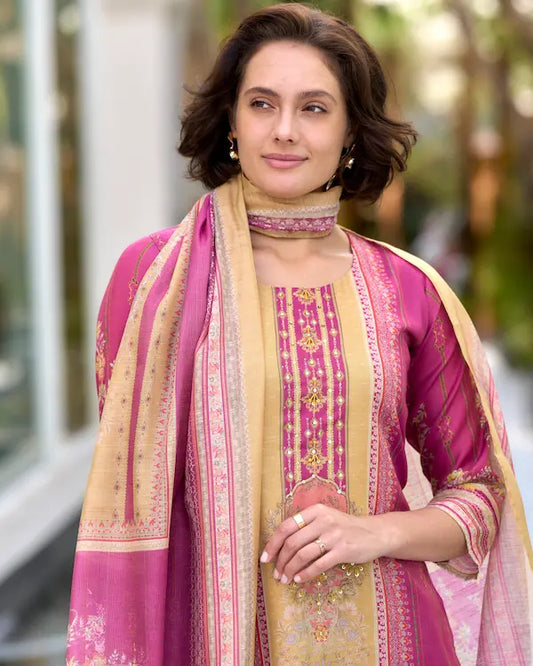 Gold Blossom Pink Embroidered Kurti Set with Dupatta | Silk Blend Fabric