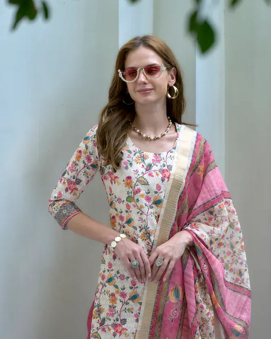 Rosé Reverie White Embroidered Kurti Set with Dupatta | Cotton-Linen Blend