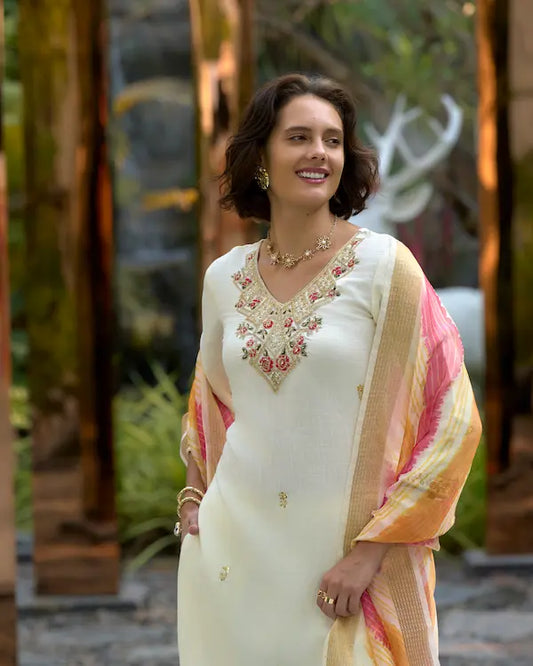 Ivory Charm White Kurti Set with Dupatta | Vatican-Chanderi Butti