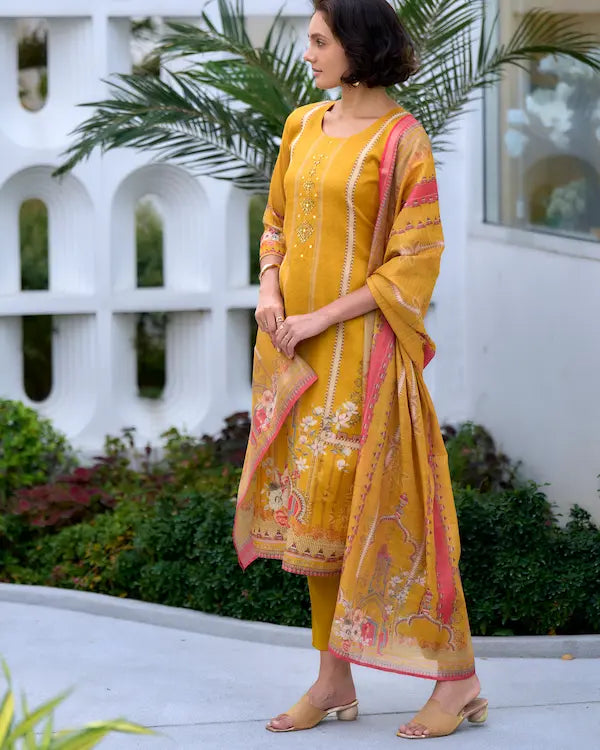 Sunbeam Shine Yellow Embroidered Kurti Set with Dupatta | Silk Blend Fabric