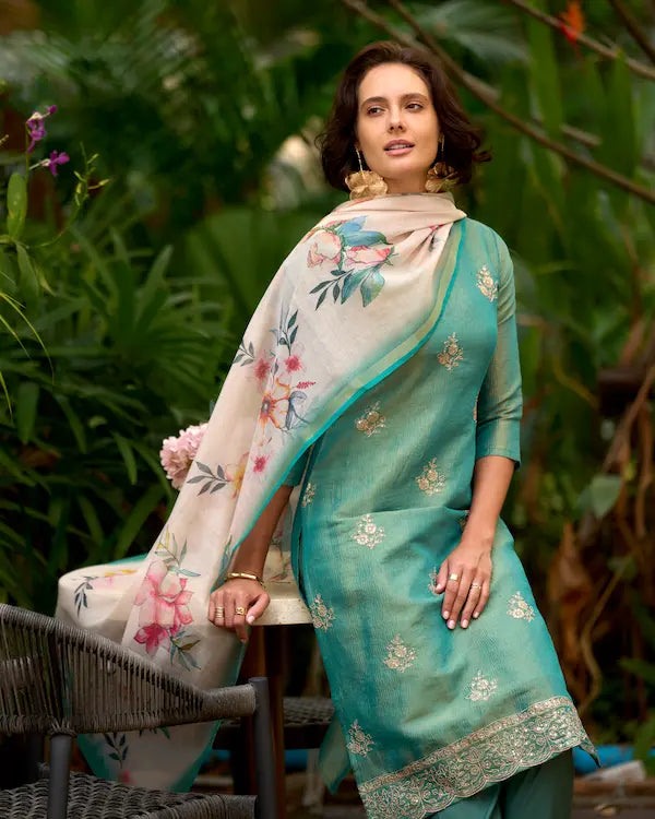 Aqua Bloom Blue Embroidered Kurti Set with Dupatta | Tissue Fabric