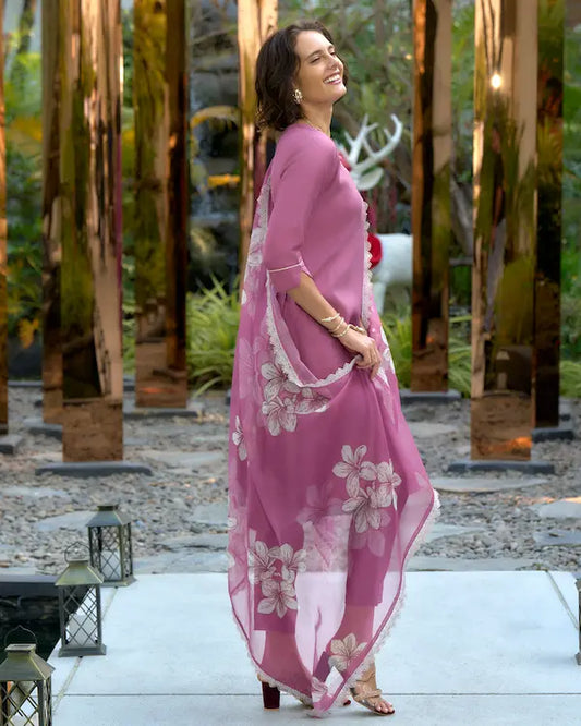 Blush Bloom Pink Embroidered Kurti Set with Dupatta | Vatican-Organza Blend