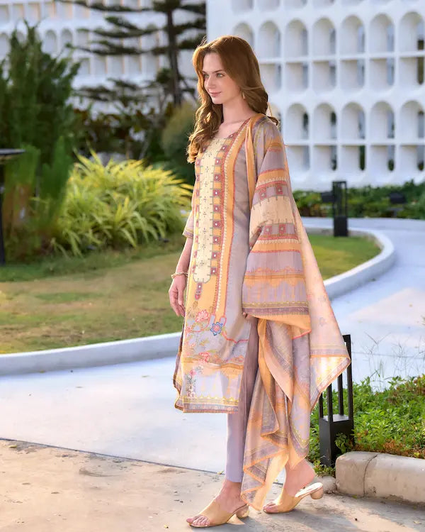 Golden Mirage Grey Embroidered Kurti Set with Dupatta | Silk Blend Fabric