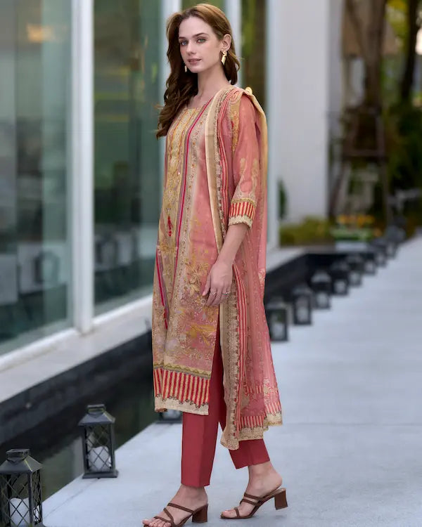Amber Serenade Peach Embroidered Kurti Set with Dupatta | Silk Blend Fabric