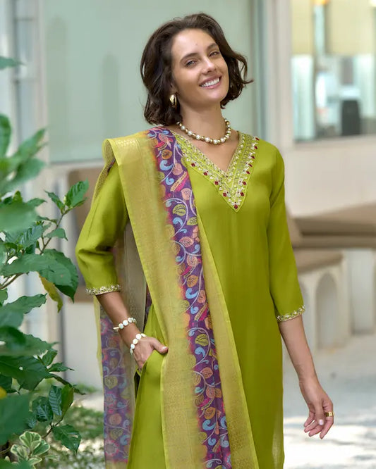 Lime Luxe Green Kurti Set with Dupatta | Vatican-Chanderi Butti