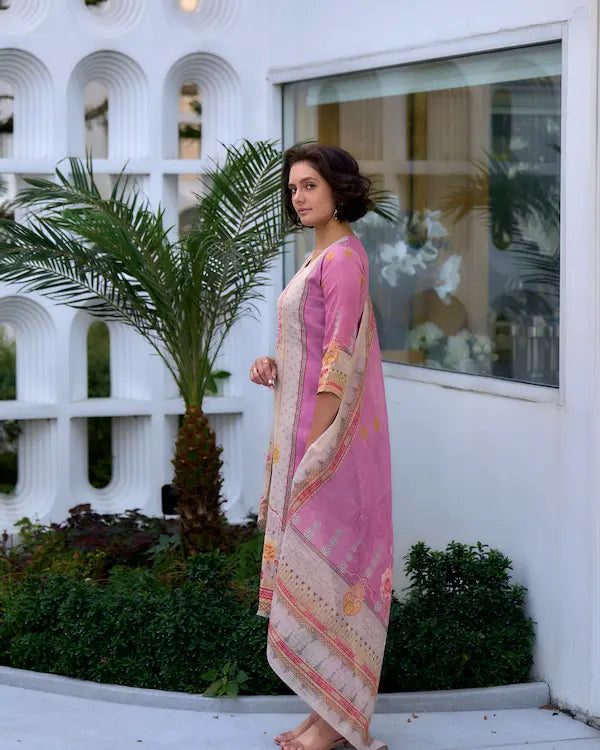 Blush Harmony Pink Embroidered Kurti Set with Dupatta | Silk Blend Fabric