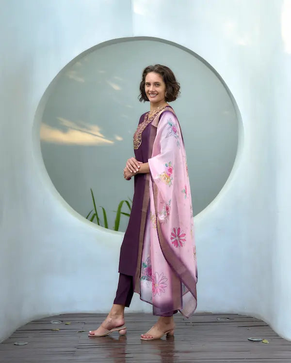 Garnet Bloom Purple Kurti Set with Dupatta | Vatican-Organza Butti Blend