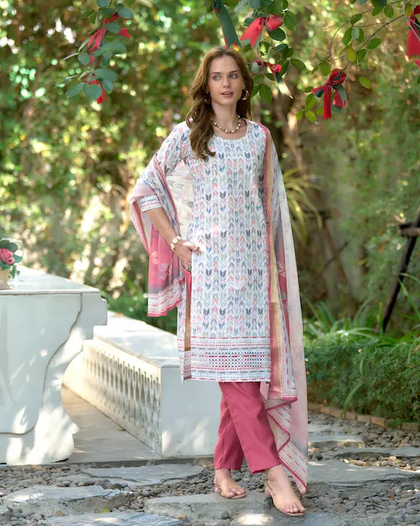 Rose Rhythm White Cotton Kurti Set with Dupatta | Roman Fabric