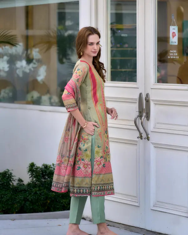 Mint Melody Green Embroidered Kurti Set with Dupatta | Silk Blend Fabric