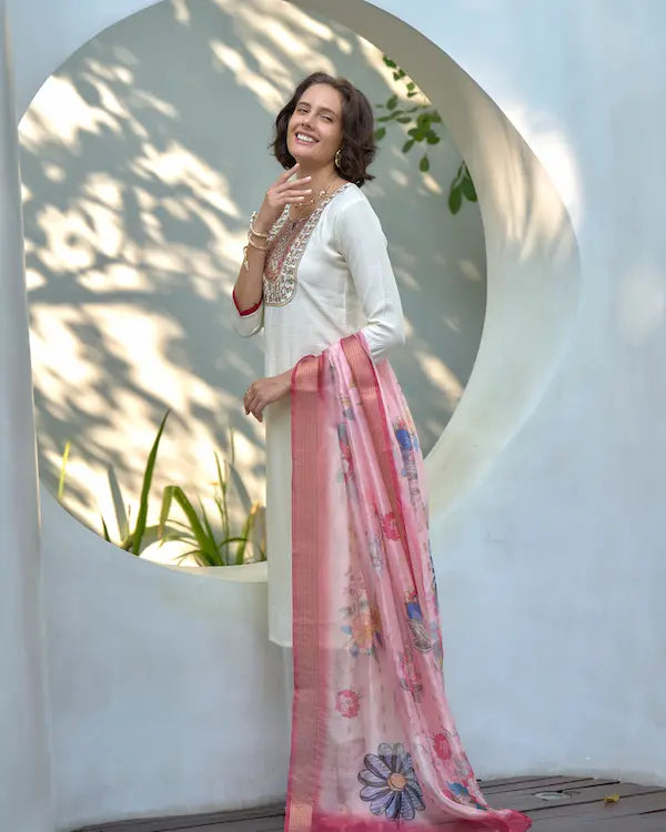 Ivory Blush White Kurti Set with Dupatta | Vatican-Organza Butti Blend