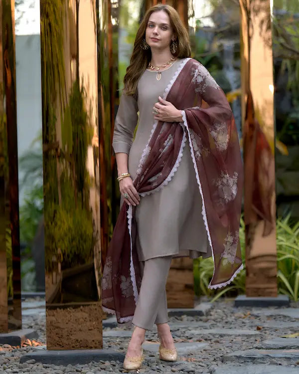Cocoa Chic Brown Embroidered Kurti Set with Dupatta | Vatican-Organza Blend
