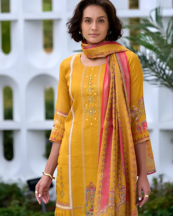 Sunbeam Shine Yellow Embroidered Kurti Set with Dupatta | Silk Blend Fabric