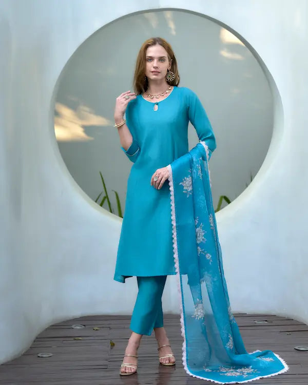 Serene Sky Blue Embroidered Kurti Set with Dupatta | Vatican-Organza Blend