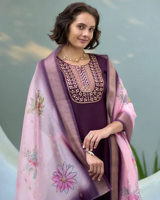 Garnet Bloom Purple Kurti Set with Dupatta | Vatican-Organza Butti Blend