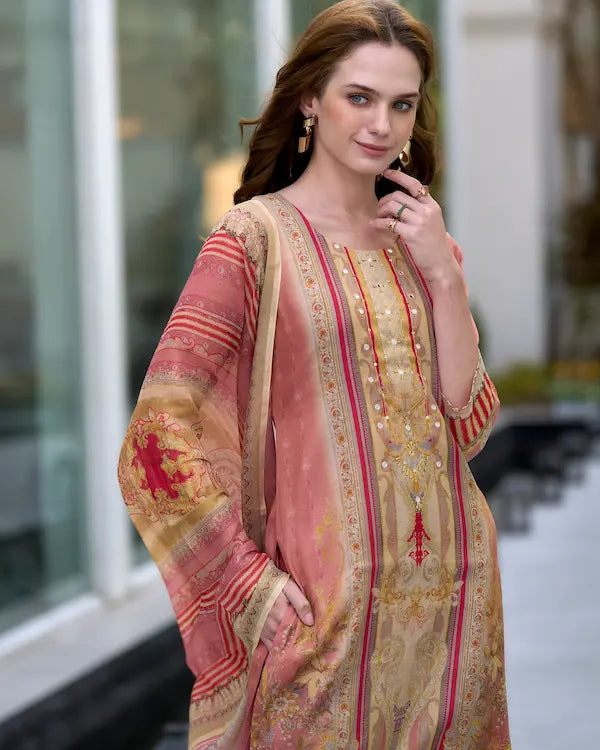 Amber Serenade Peach Embroidered Kurti Set with Dupatta | Silk Blend Fabric