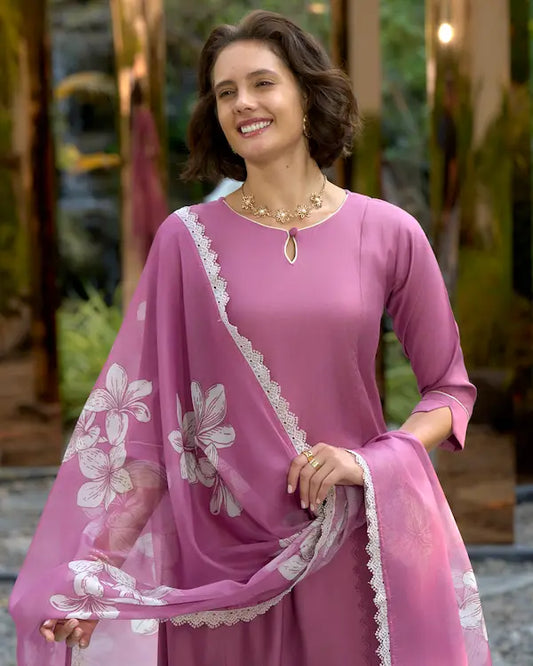 Blush Bloom Pink Embroidered Kurti Set with Dupatta | Vatican-Organza Blend