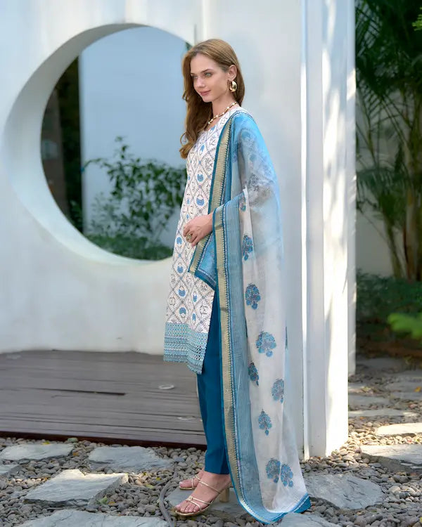 Ivory Frost White Cotton Kurti Set with Dupatta | Roman Fabric