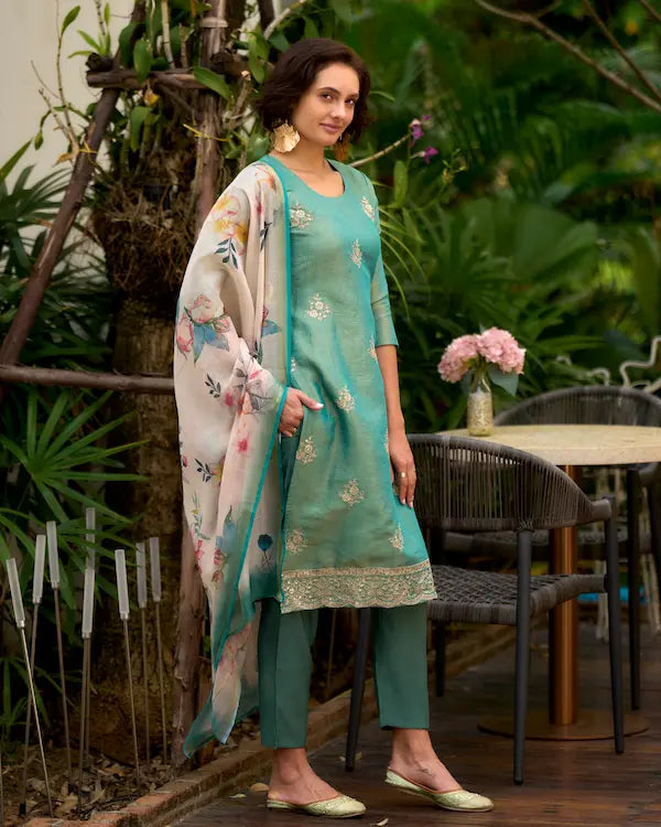 Aqua Bloom Blue Embroidered Kurti Set with Dupatta | Tissue Fabric