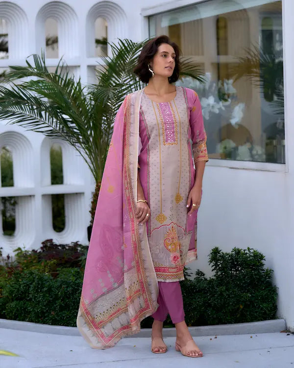 Blush Harmony Pink Embroidered Kurti Set with Dupatta | Silk Blend Fabric