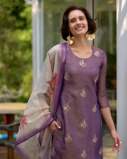 Mystic Mauve Purple Embroidered Kurti Set with Dupatta | Tissue Fabric