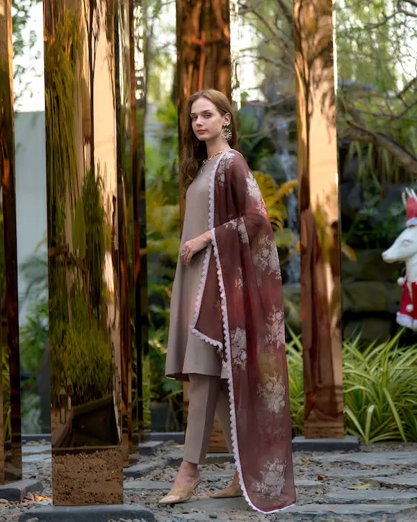 Cocoa Chic Brown Embroidered Kurti Set with Dupatta | Vatican-Organza Blend