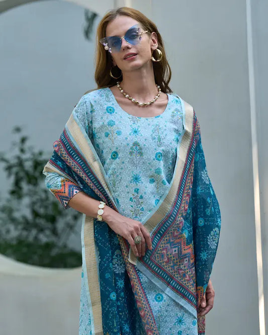 Aqua Bloom White Cotton Kurti Set with Dupatta | Roman Fabric