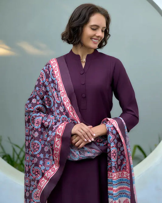 Velvet Plum Purple Kurti Set with Dupatta | Vatican-Chinnon Blend