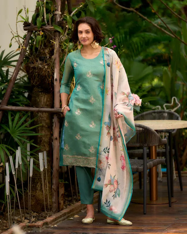 Aqua Bloom Blue Embroidered Kurti Set with Dupatta | Tissue Fabric