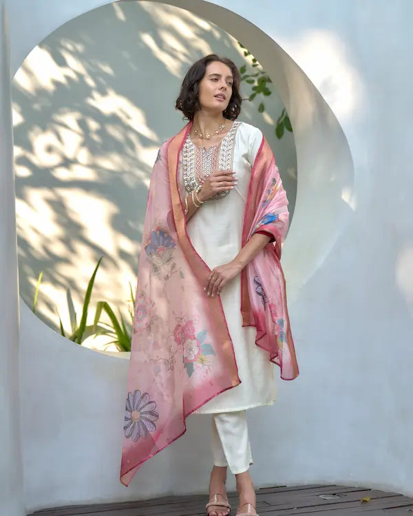Ivory Blush White Kurti Set with Dupatta | Vatican-Organza Butti Blend