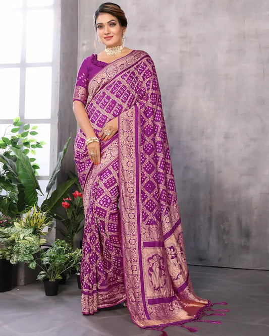 Plum Raas Purple Bandhani Saree with Dandiya Pallu | Misco Gaji Fabric