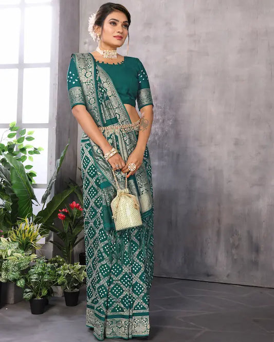 Emerald Raas Green Bandhani Saree with Dandiya Pallu | Misco Gaji Fabric