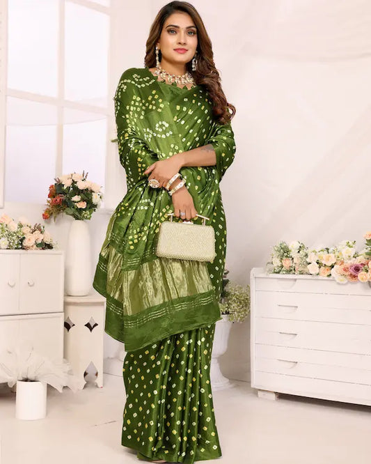Mehndi Melody Green Bandhani Saree with Subtle Pallu | Gaji Silk Fabric