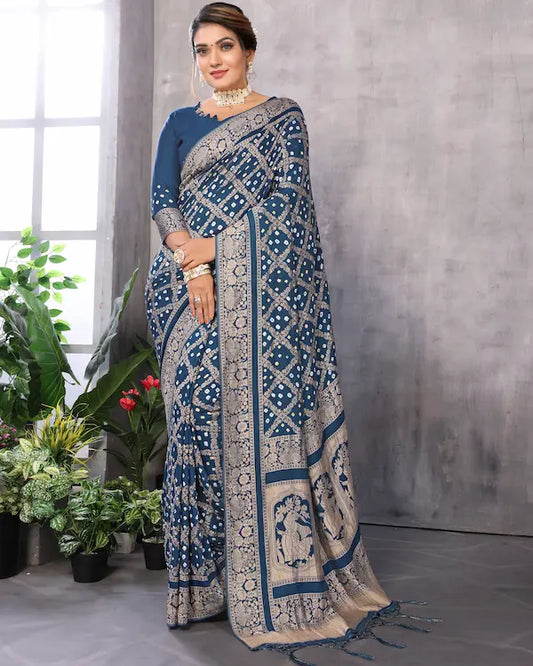 Midnight Raas Blue Bandhani Saree with Dandiya Pallu | Misco Gaji Fabric