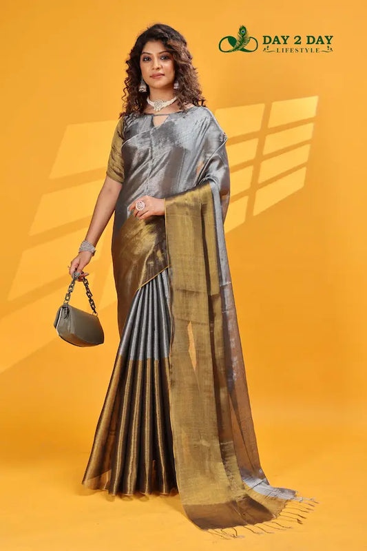 Olive Glint Grey – Rich & Regal Ready-to-Wear Saree | Premium Tissue Cotton
