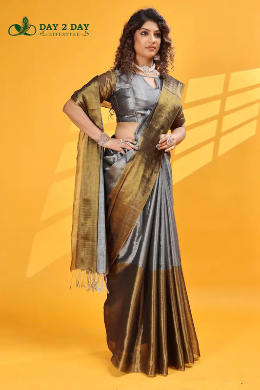 Olive Glint Grey – Rich & Regal Ready-to-Wear Saree | Premium Tissue Cotton