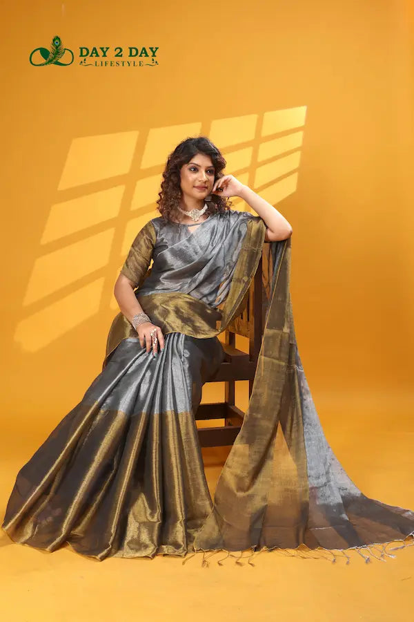 Olive Glint Grey – Rich & Regal Ready-to-Wear Saree | Premium Tissue Cotton