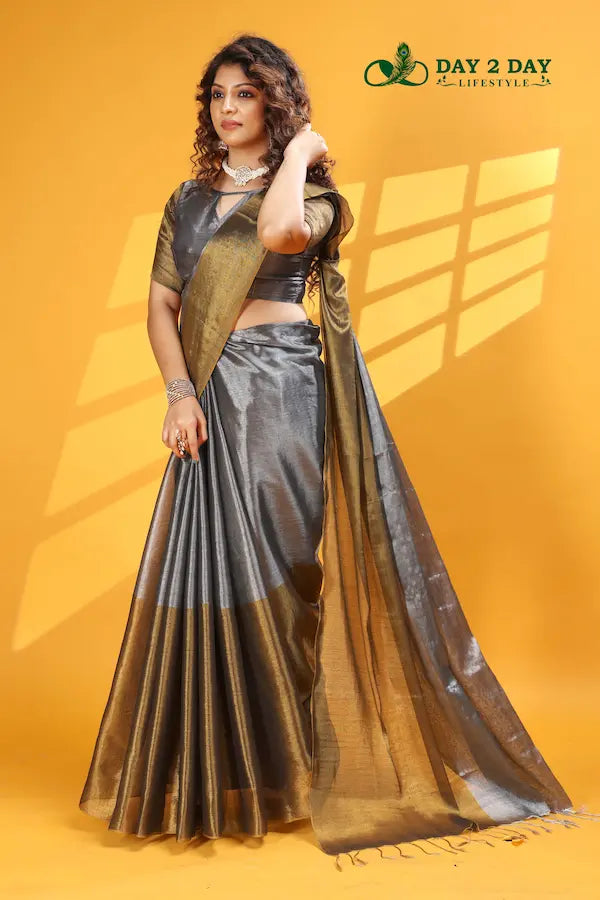 Olive Glint Grey – Rich & Regal Ready-to-Wear Saree | Premium Tissue Cotton