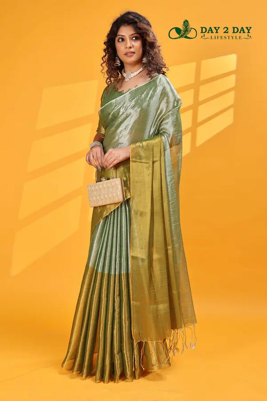 Meadow Mint Green – Rich & Regal Ready-to-Wear Saree | Premium Tissue Cotton