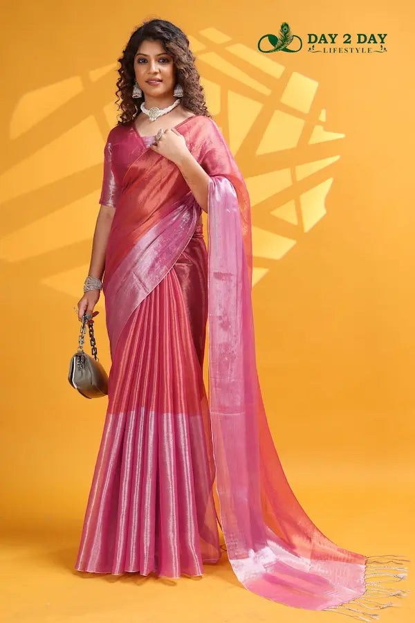 Rose Blush Pink – Rich & Regal Ready-to-Wear Saree | Premium Tissue Cotton
