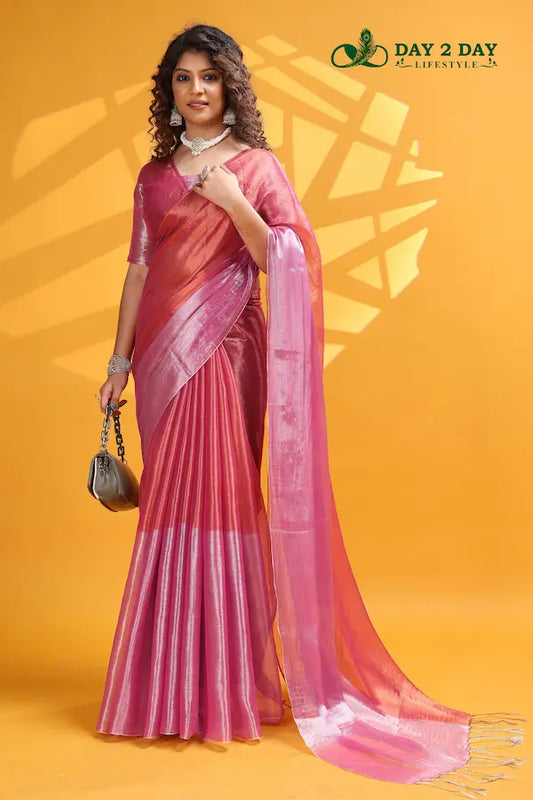 Rose Blush Pink – Rich & Regal Ready-to-Wear Saree | Premium Tissue Cotton