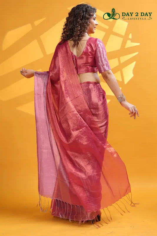 Rose Blush Pink – Rich & Regal Ready-to-Wear Saree | Premium Tissue Cotton