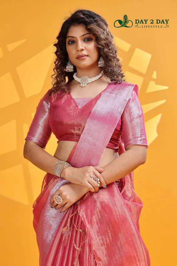 Rose Blush Pink – Rich & Regal Ready-to-Wear Saree | Premium Tissue Cotton