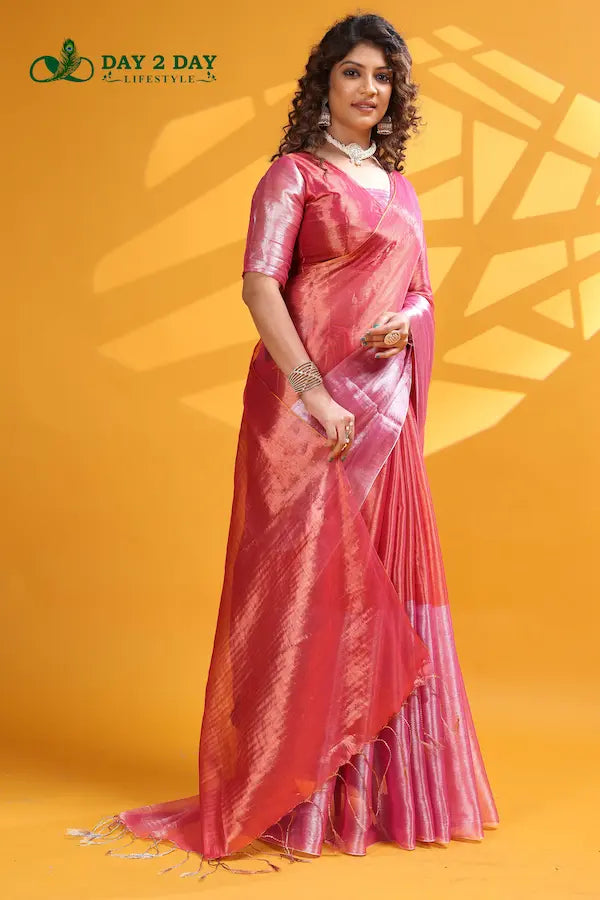 Rose Blush Pink – Rich & Regal Ready-to-Wear Saree | Premium Tissue Cotton