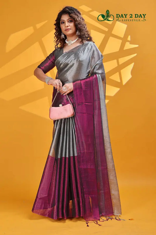 Wine Smoke Grey – Rich & Regal Ready-to-Wear Saree | Premium Tissue Cotton
