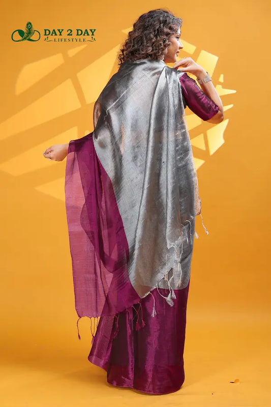 Wine Smoke Grey – Rich & Regal Ready-to-Wear Saree | Premium Tissue Cotton