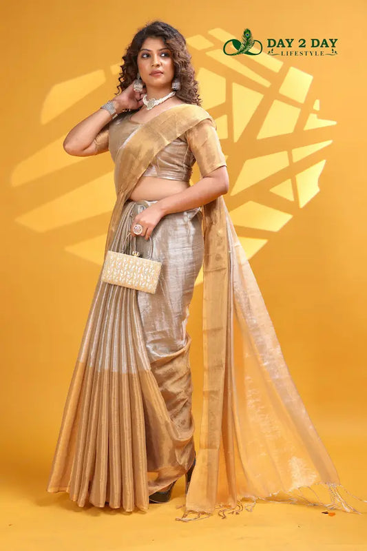 Golden Empress Beige – Rich & Regal Ready-to-Wear Saree | Premium Tissue Cotton