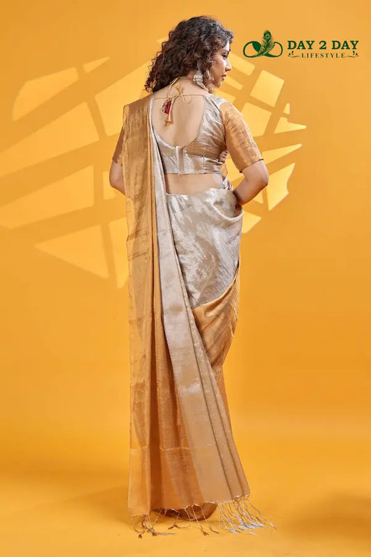 Golden Empress Beige – Rich & Regal Ready-to-Wear Saree | Premium Tissue Cotton